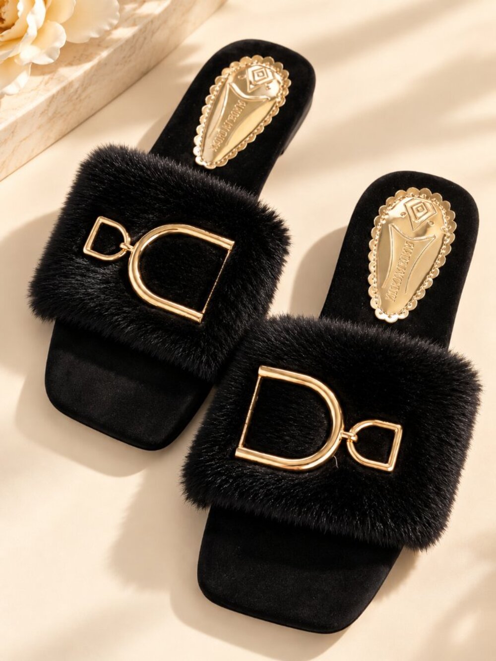 Black Plush Faux Fur Gold Horsebit Luxury Slide Sandals Size 7.5 EU 38